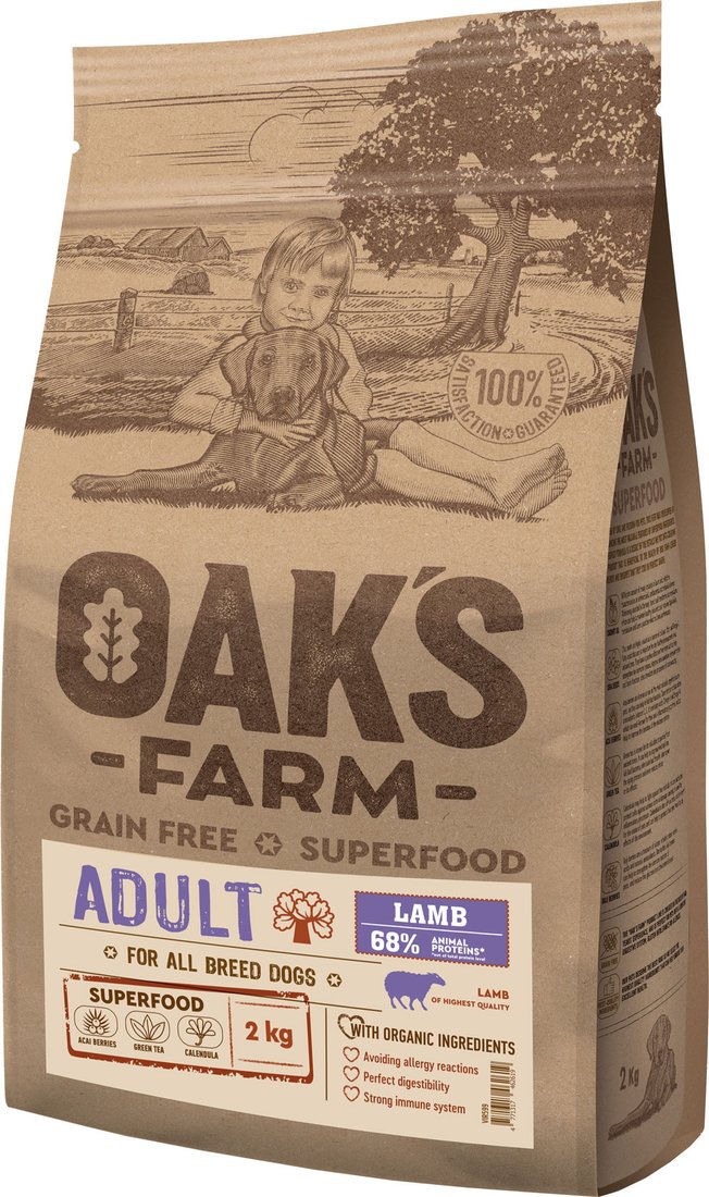 Сухой корм для собак Oak's Farm Беззерновой для взрослых собак всех пород. Ягненок (2 кг)