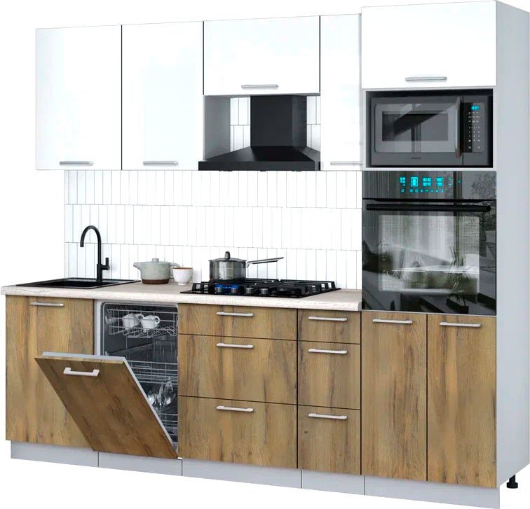 

Готовая кухня Интерлиния Мила Gloss 2.45-ПМ3 (дуб вотан/белый глянец/травертин серый)