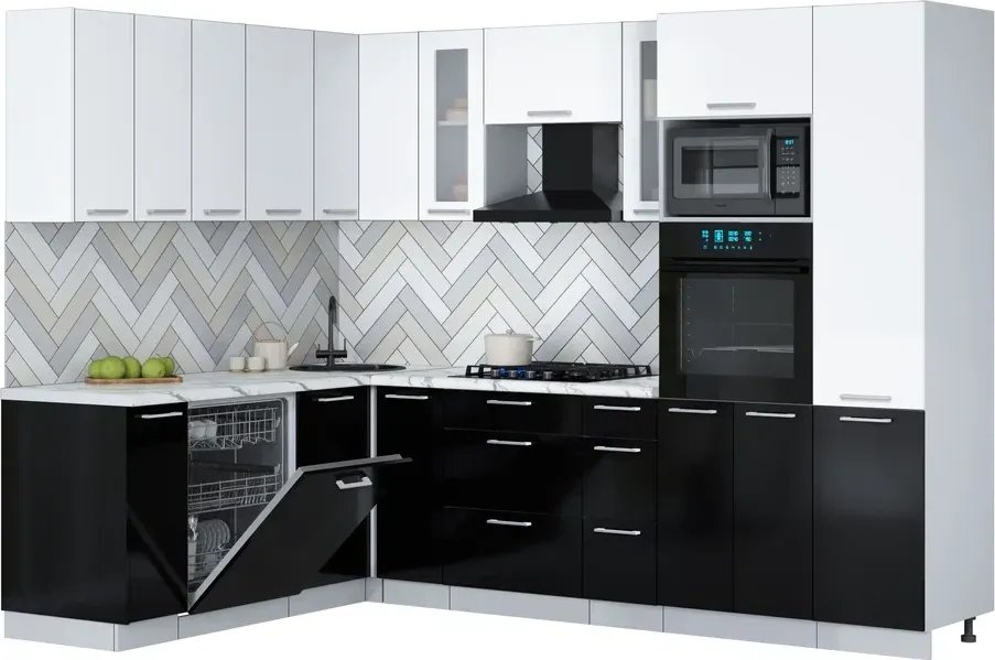 

Готовая кухня Интерлиния Мила Gloss 1.896х2.78 (черный глянец/белый/белый гранит)