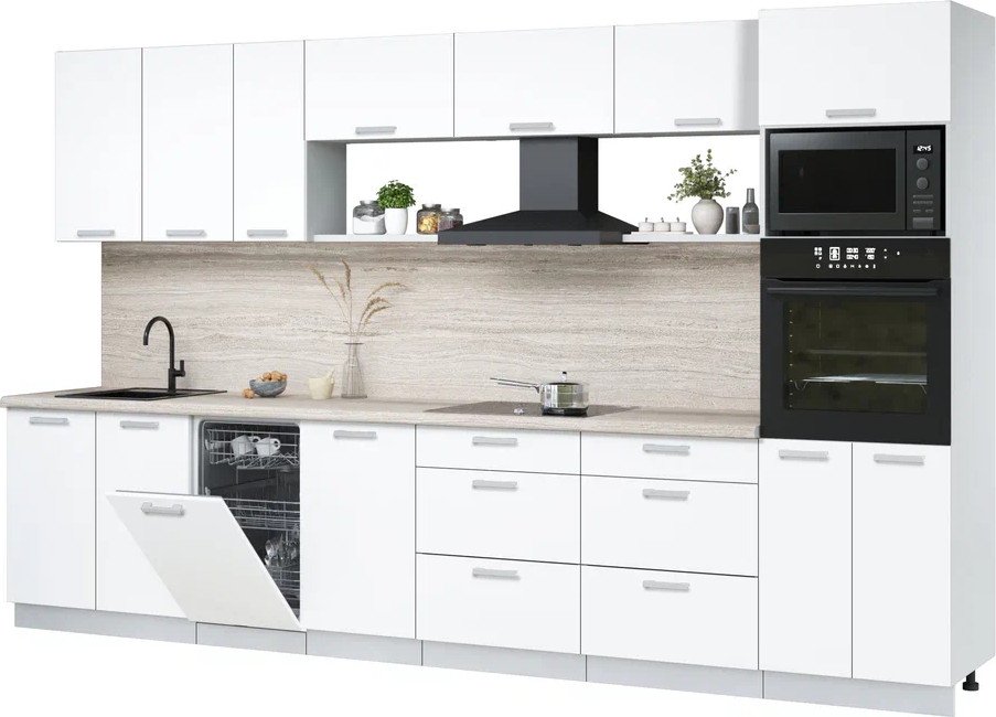 

Готовая кухня Интерлиния Мила Лайт 3.5-ПМ3 (белый платинум/белый платинум/травертин серый)