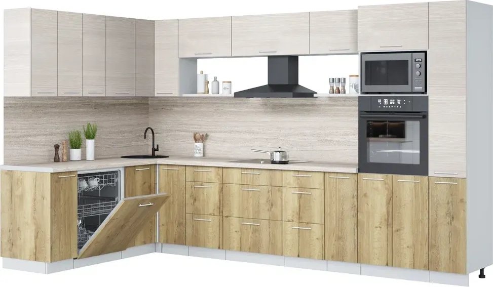 

Готовая кухня Интерлиния Мила Лайт 1.896х3.48 (вудлайн кремовый/дуб золотой/травертин серый)