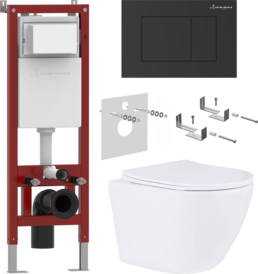 

Унитаз подвесной Roxen Antares в комплекте с инсталляцией Asten Readle Zentralmodul AR0601-185B с черной матовой кнопкой