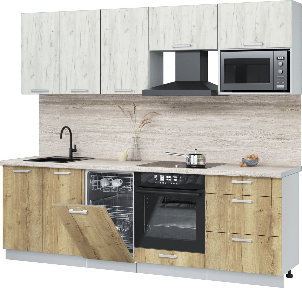 

Готовая кухня Интерлиния Мила Лайт 2.45-ПМ4 (дуб белый/дуб золотой/травертин серый)