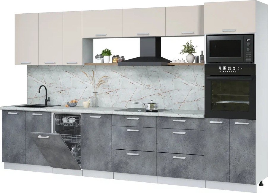 

Готовая кухня Интерлиния Мила Лайт 3.5-ПМ3 (персидский жемчуг/бетон портленд/серый каспий)