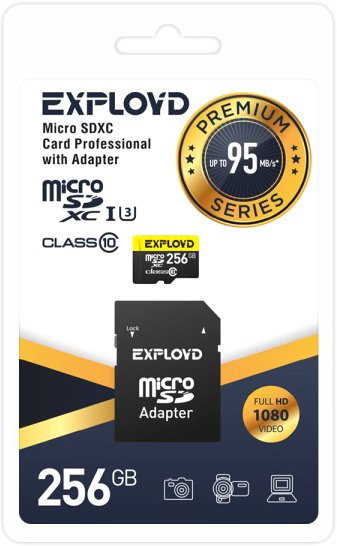 

Карта памяти Exployd Premium Series microSDXC 256GB EX256GCSDXC10UHS-1-ELU3 (с адаптером)