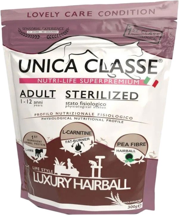 

Сухой корм для кошек Unica Classe Lovely Care Condition Adult Sterilized Luxury Hairball Lamb (для здоровья шерсти с ягненком) 300 г
