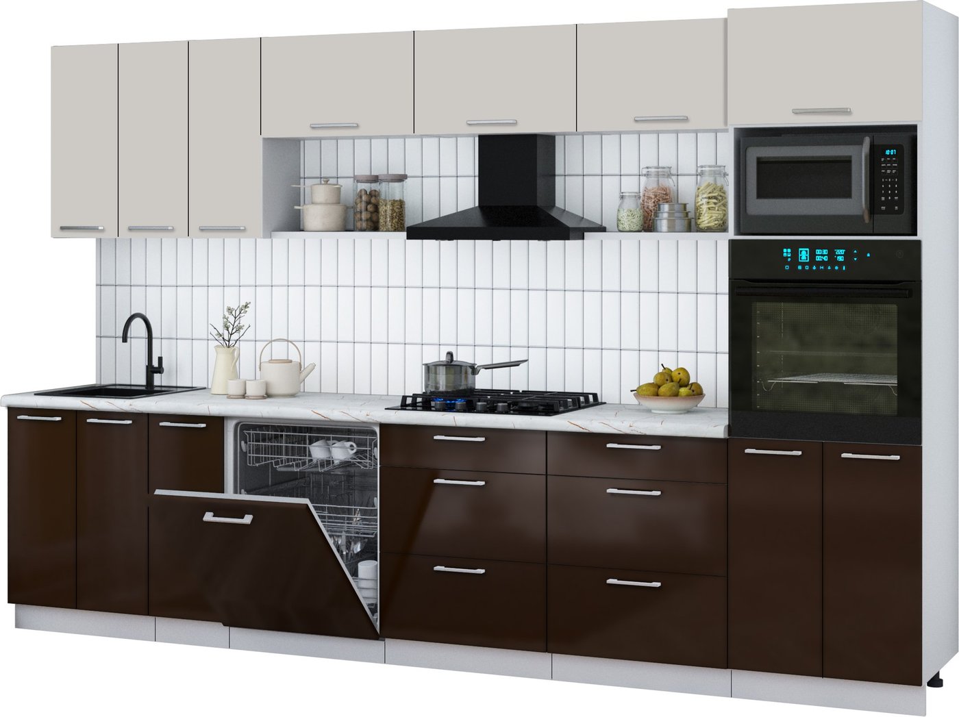 

Готовая кухня Интерлиния Мила Gloss 3.3-ПМ1-2 (шоколад глянец/кашемир/серый каспий)