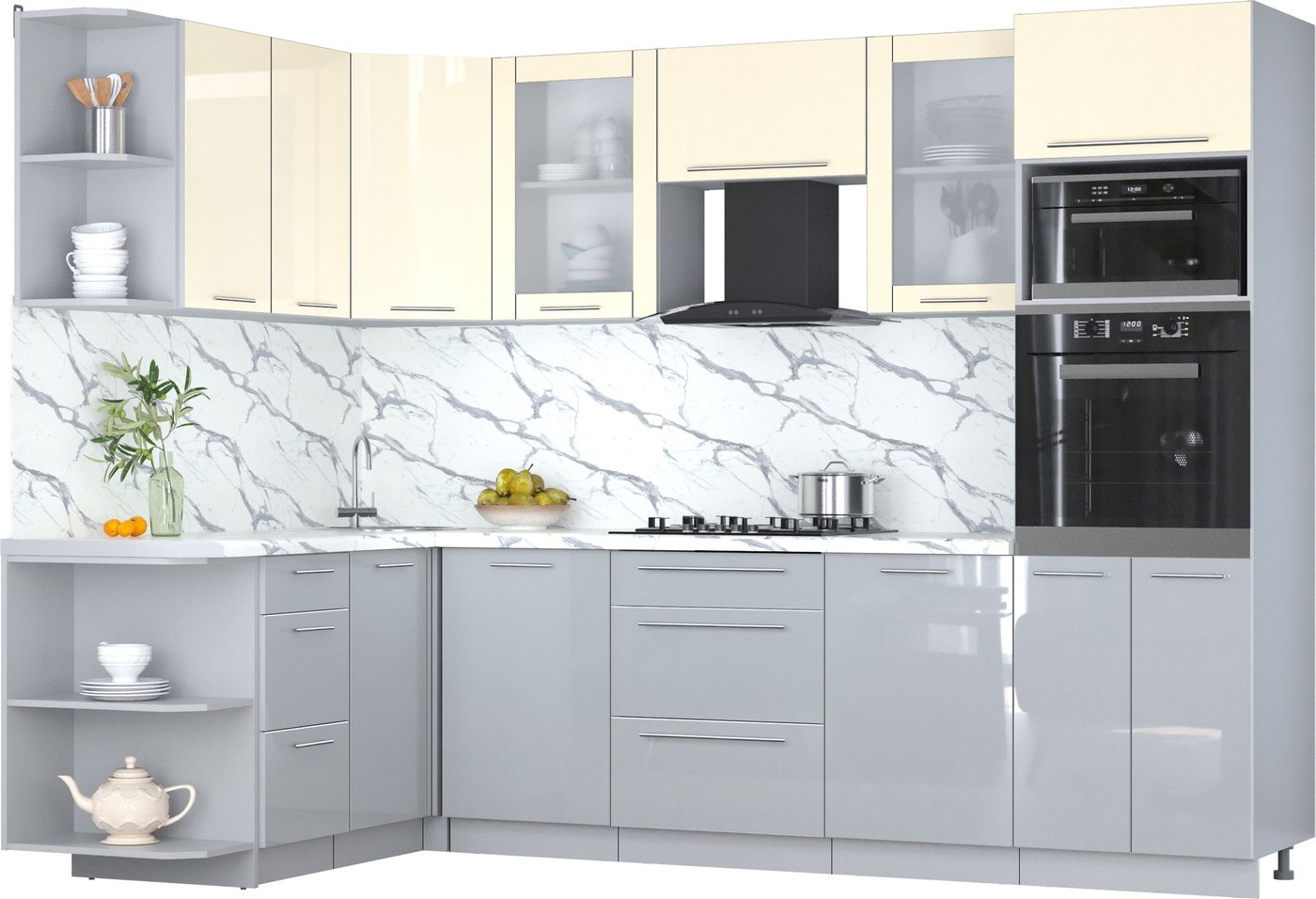 

Готовая кухня Интерлиния Мила Пластик 1.68x2.8 LV (ваниль/туманный глянец/белый гранит)