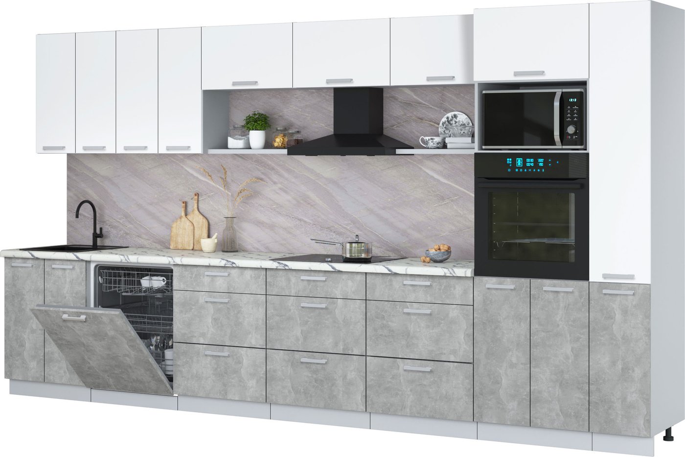 

Готовая кухня Интерлиния Мила Лайт 3.9-ПМ1 (белый платинум/бетон/белый гранит)