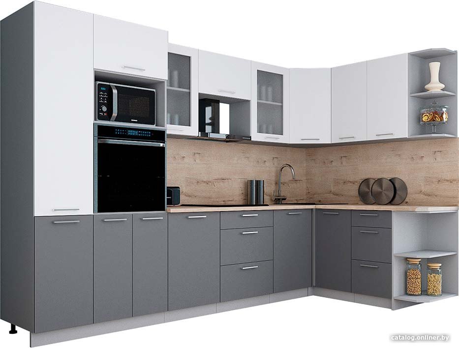 

Готовая кухня Интерлиния Мила Gloss 1.68x3.2 правая (белый софт/серый софт/травертин серый)