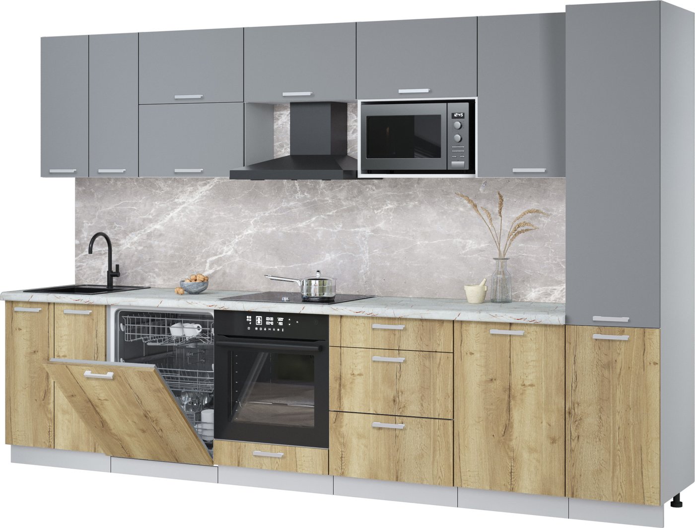 

Готовая кухня Интерлиния Мила Лайт 3.3-ПМ2 (серебро/дуб золотой/серый каспий)