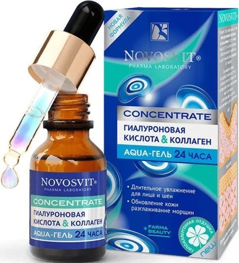 

Novosvit Гель для лица Concentrate Aqua-гель 24 часа гиалуроновая кислота и коллаген 25 мл