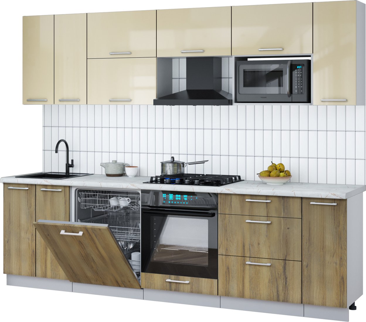 

Готовая кухня Интерлиния Мила Gloss 2.7-ПМ2 (дуб вотан/ваниль глянец/серый каспий)