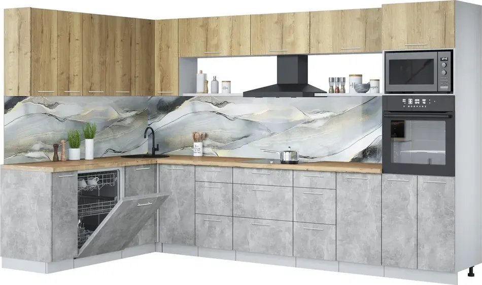 

Готовая кухня Интерлиния Мила Лайт 1.896х3.38-2 (дуб золотой/бетон/дуб бунратти)