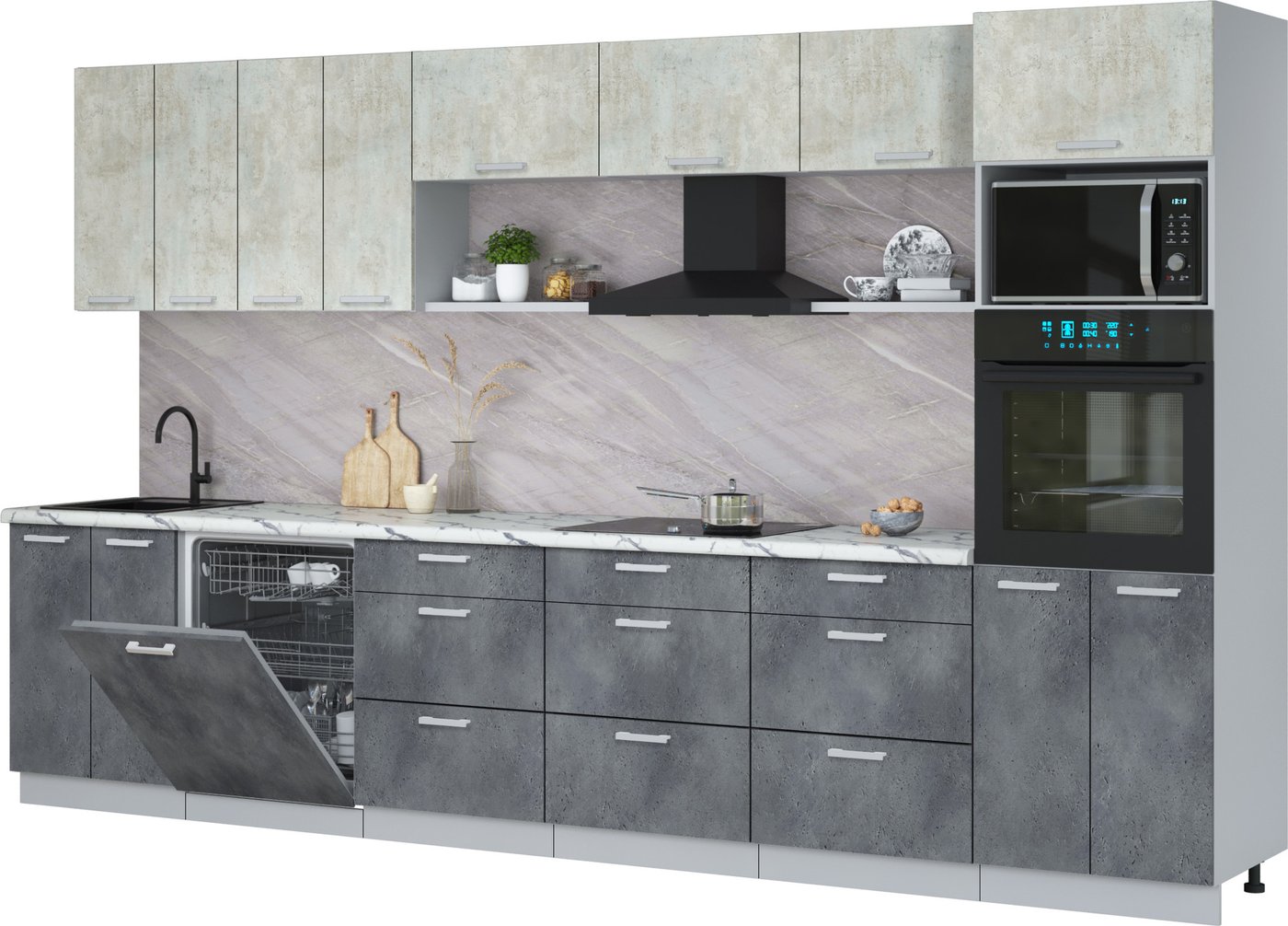 

Готовая кухня Интерлиния Мила Лайт 3.6-ПМ1-2 (бетон лайт/бетон портленд/белый гранит)