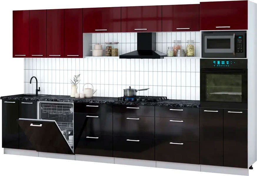 

Готовая кухня Интерлиния Мила Gloss 3.6-ПМ1-2 (черный глянец/бордовый глянец/кастилло темный)