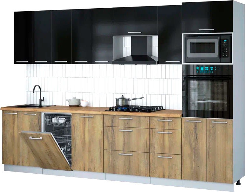 

Готовая кухня Интерлиния Мила Gloss 3.1-ПМ3 (дуб вотан/черный глянец/дуб бунратти)