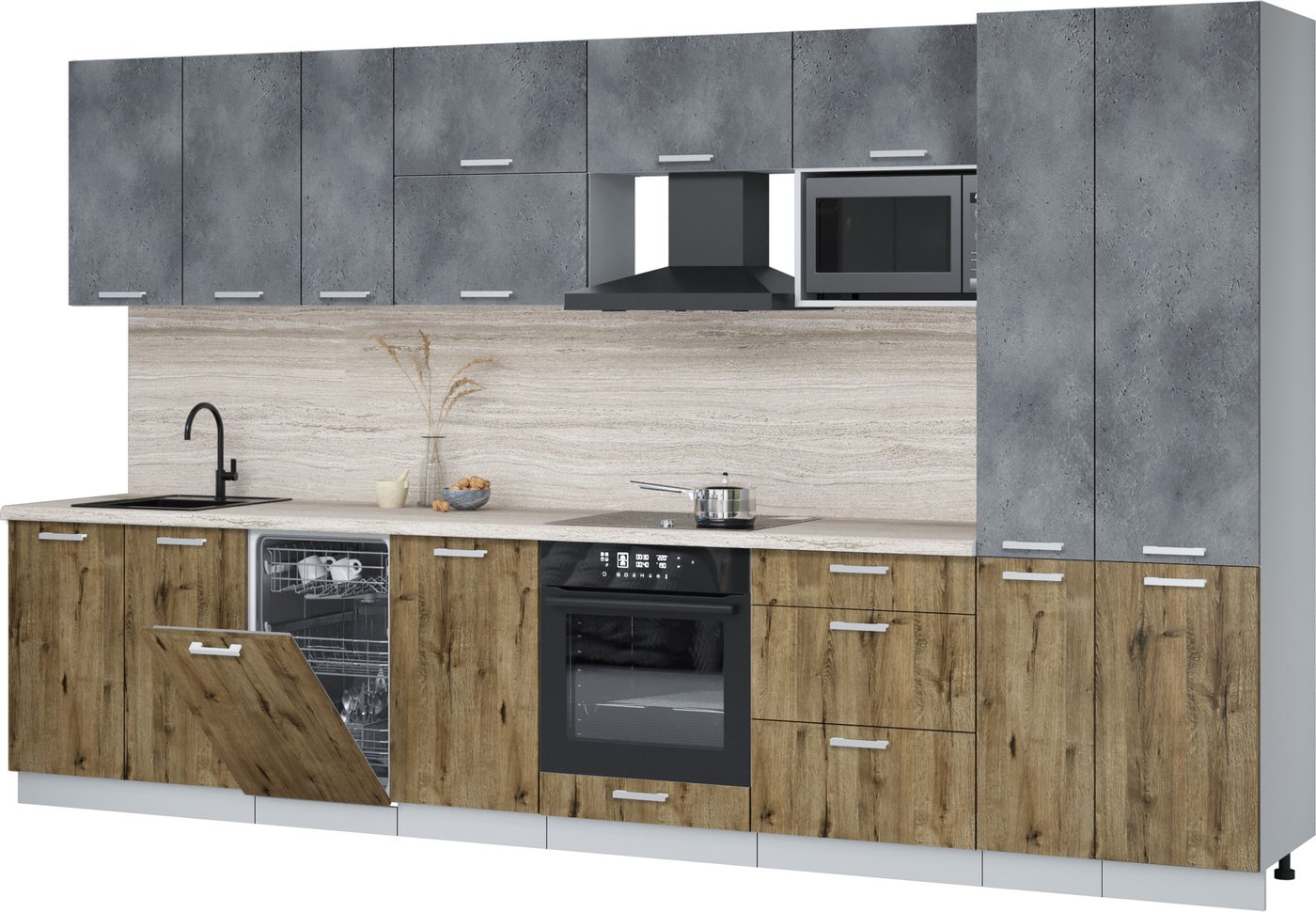 

Готовая кухня Интерлиния Мила Лайт 3.6-ПМ4 (бетон портленд/дуб веллингтон/травертин серый)