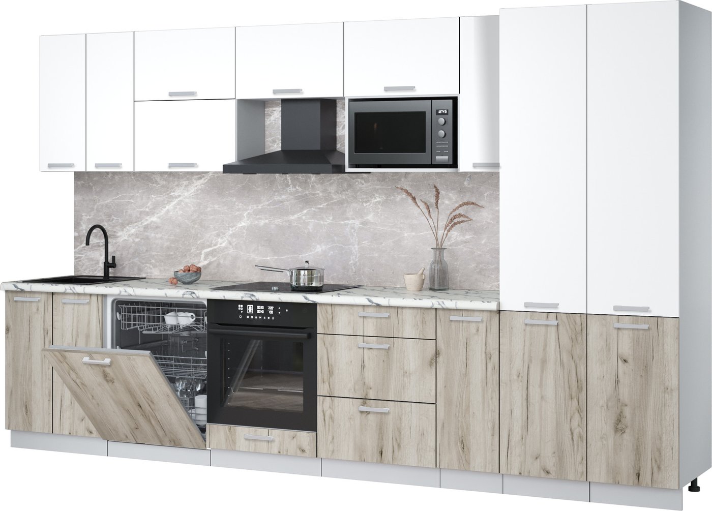 

Готовая кухня Интерлиния Мила Лайт 3.5-ПМ2 (белый платинум/дуб серый/белый гранит)