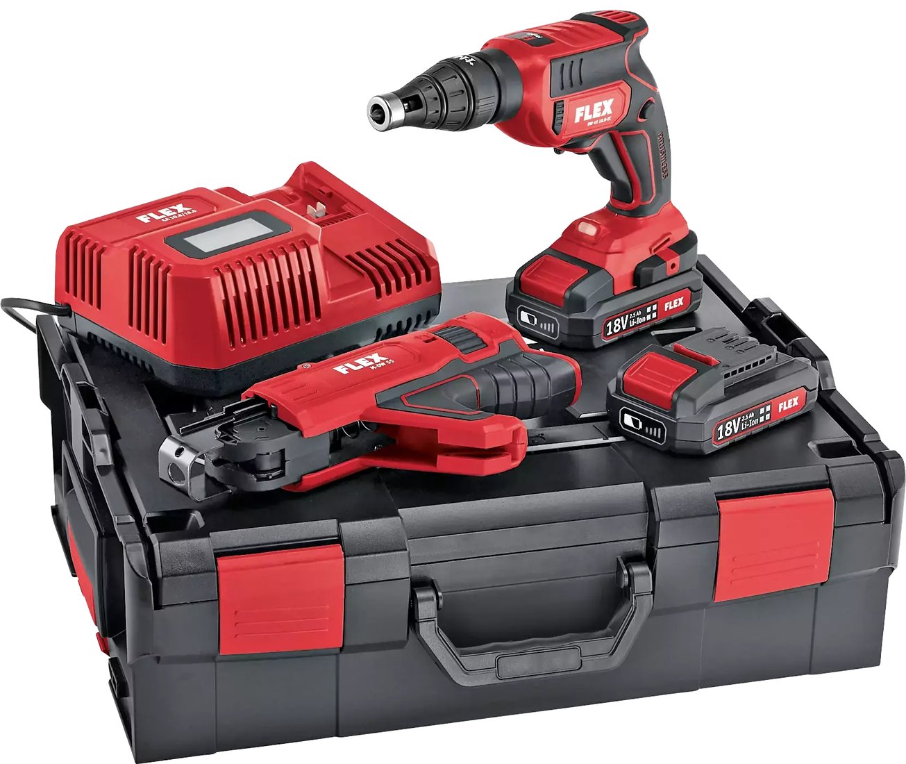 

Шуруповерт для гипсокартона FLEX DW 45 18.0-EC M/2.5 Set 466824 (с 2-мя АКБ 2.5 Ач, кейс, насадка автоподачи)