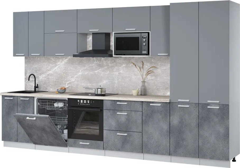 

Готовая кухня Интерлиния Мила Лайт 3.6-ПМ2 (серебро/бетон портленд/травертин серый)