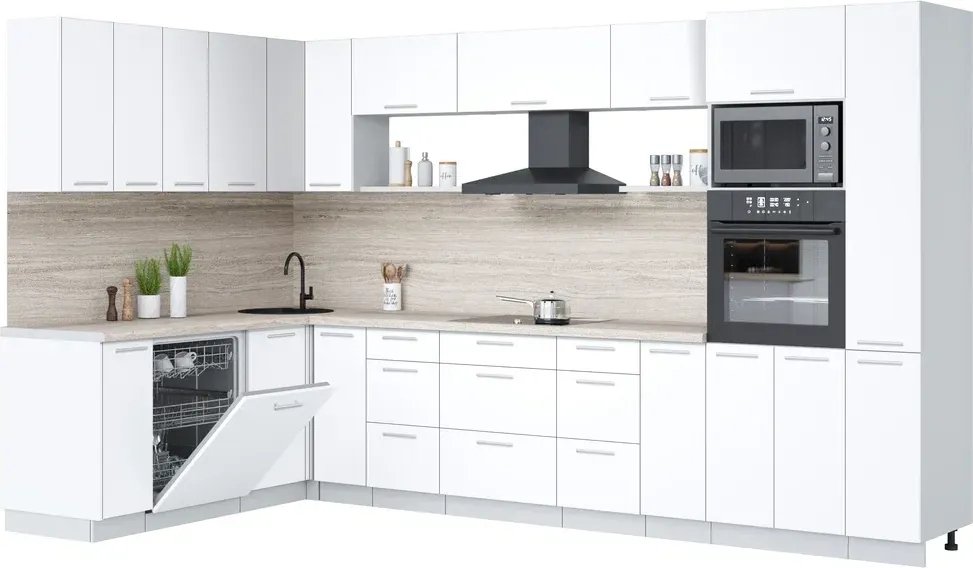 

Готовая кухня Интерлиния Мила Лайт 1.896х3.48 (белый платинум/белый платинум/травертин серый)