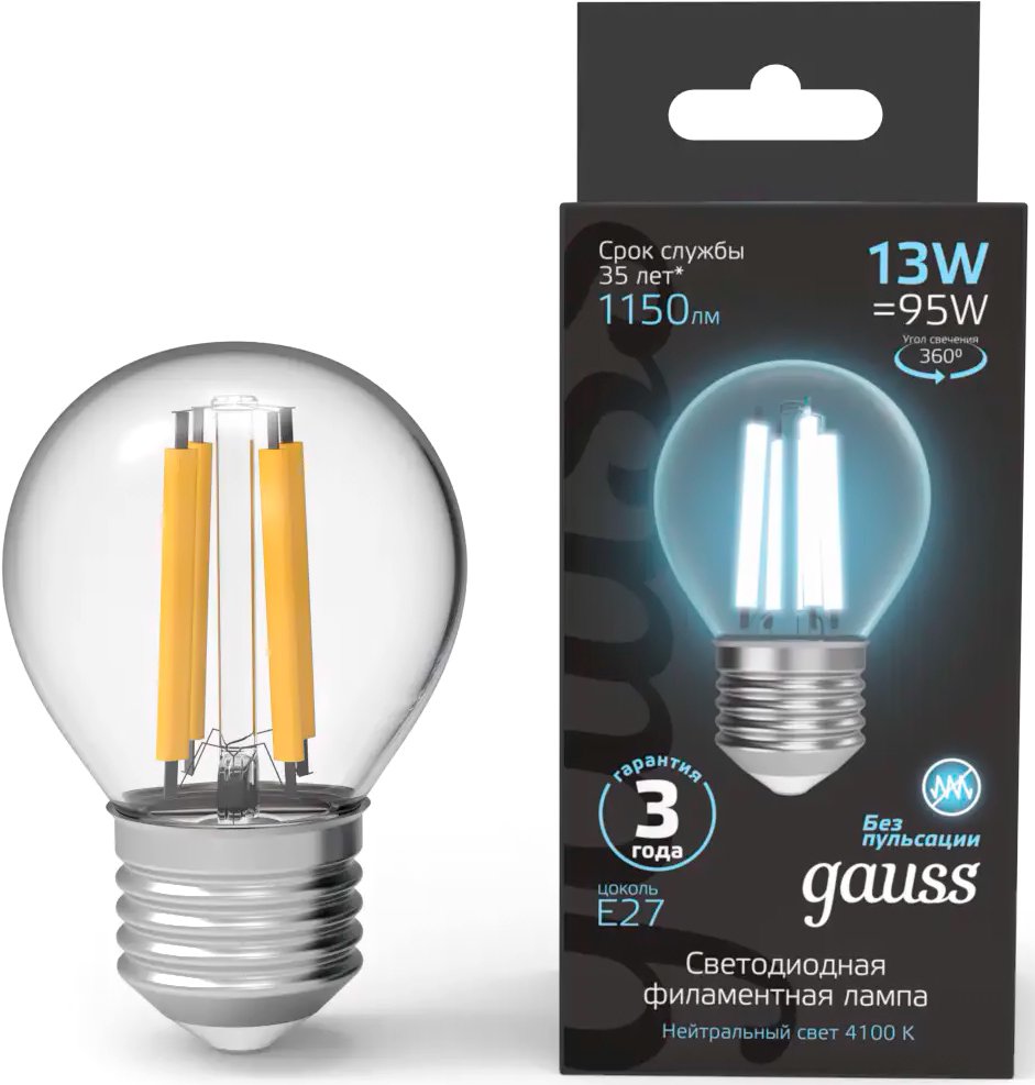 

Светодиодная лампочка Gauss Filament Шар 13W 1150lm 4100К Е27 LED 1/10/50 105802213