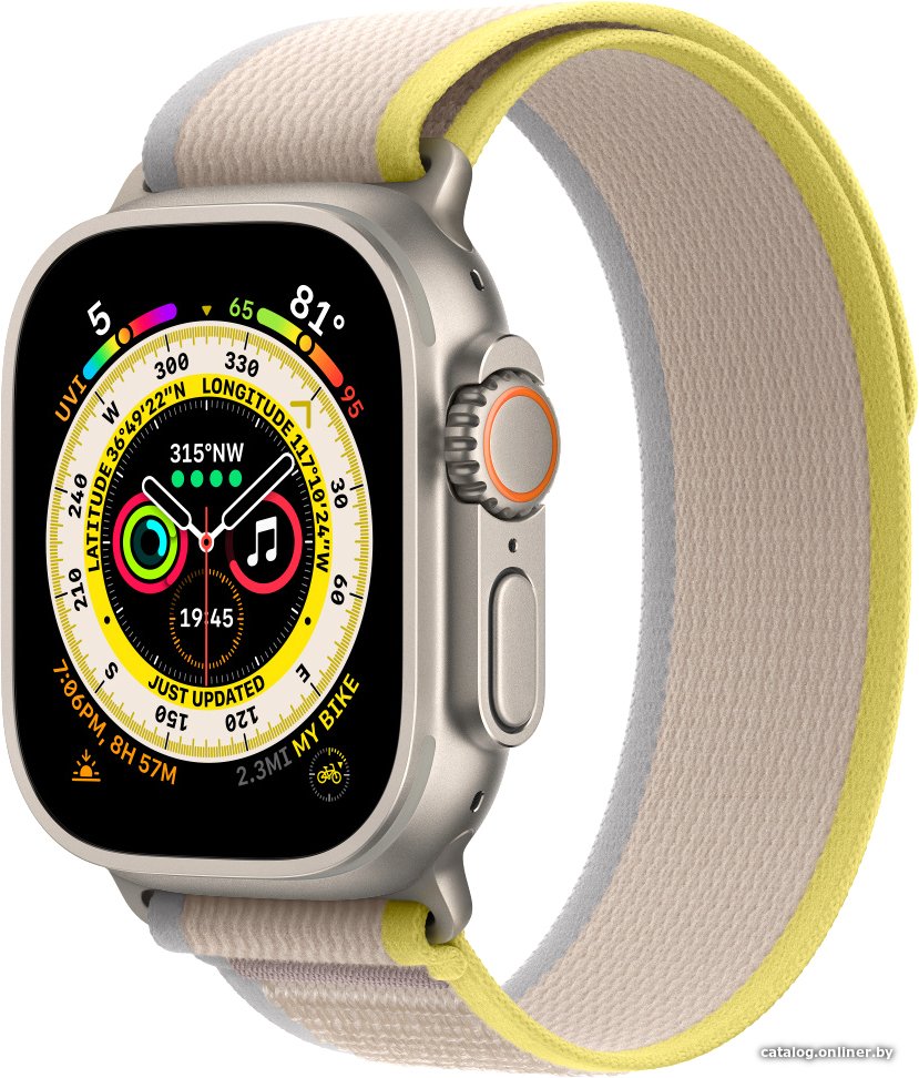 Умные часы Apple Watch Ultra LTE 49 мм (титановый корпус, титановый/желто-бежевый, нейлоновый ремешок размера S/M)