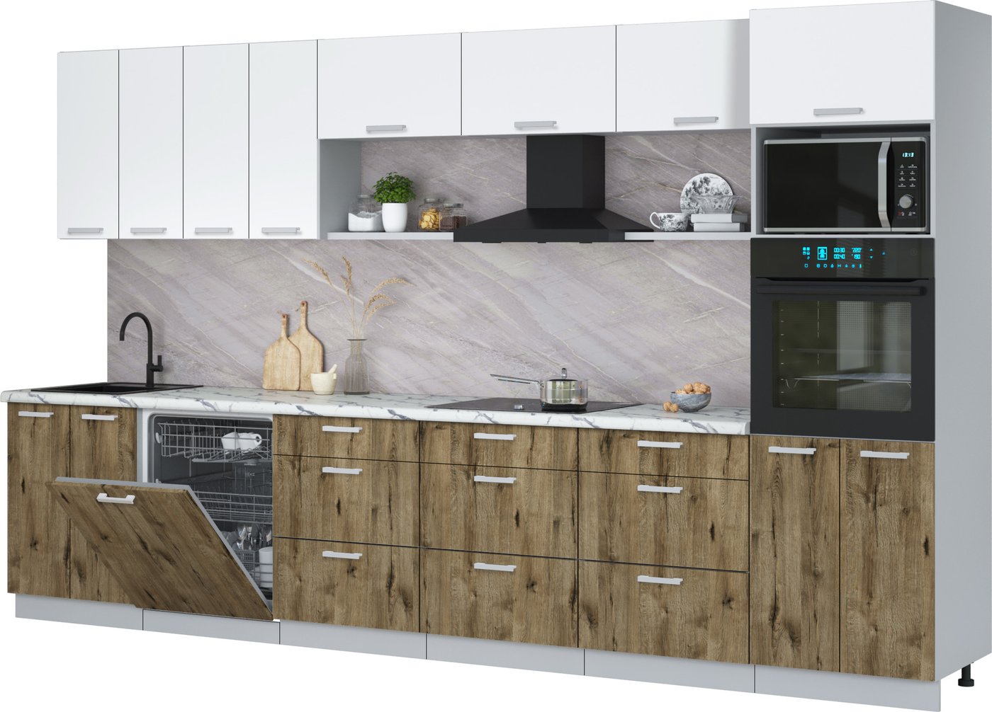 

Готовая кухня Интерлиния Мила Лайт 3.6-ПМ1-2 (белый платинум/дуб веллингтон/белый гранит)