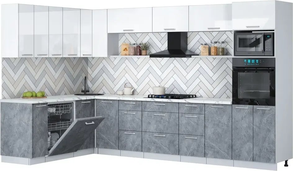 

Готовая кухня Интерлиния Мила Gloss 1.896х3.38-2 (керамика/белый глянец/белый гранит)