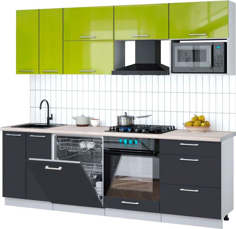 

Готовая кухня Интерлиния Мила Gloss 2.4-ПМ2 (пепел/яблоко глянец/травертин серый)