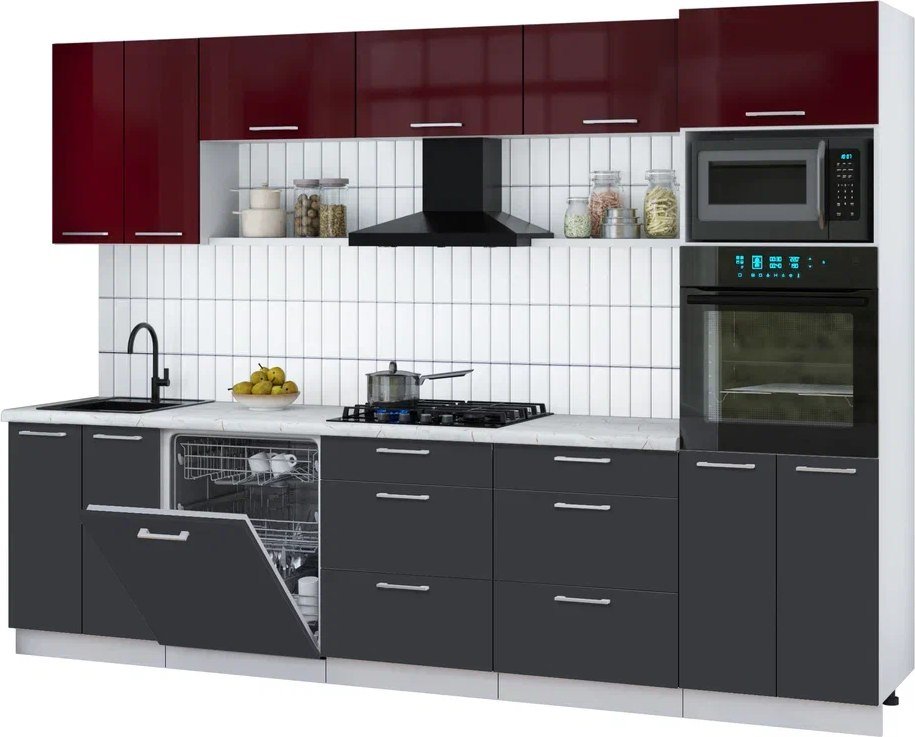 

Готовая кухня Интерлиния Мила Gloss 3.0-ПМ1 (пепел/бордовый глянец/серый каспий)