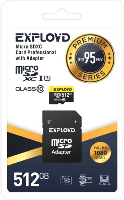 

Карта памяти Exployd Premium Series microSDXC 512GB EX512GCSDXC10UHS-1-ELU3 (с адаптером)