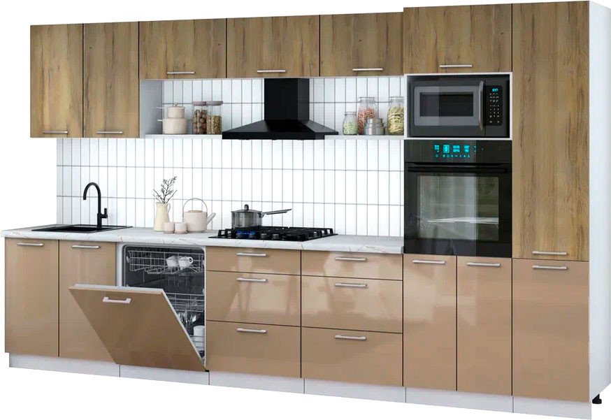 

Готовая кухня Интерлиния Мила Gloss 3.6-ПМ1 (капучино глянец/дуб вотан/серый каспий)