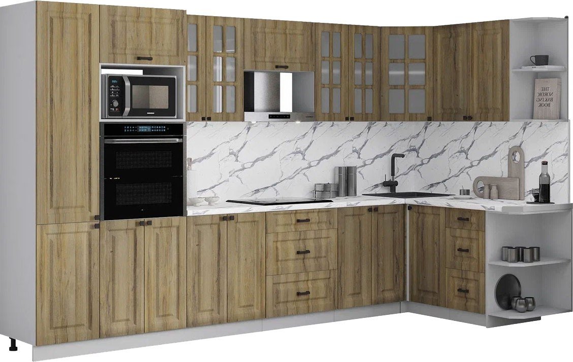 

Готовая кухня Интерлиния Мила Деко 1.68x3.4 PR (дуб вотан/дуб вотан/белый гранит)