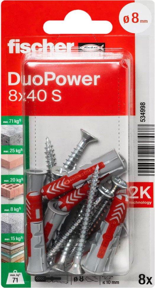 

Дюбель-гвоздь Fischer DuoPower 8 x 40 S K NV 534998 (8 шт)