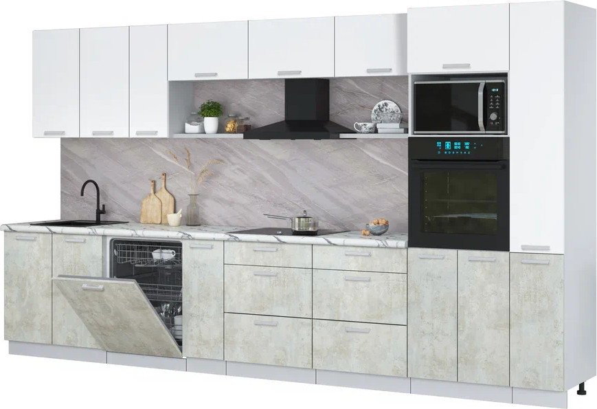 

Готовая кухня Интерлиния Мила Лайт 3.8-ПМ1 (белый платинум/бетон лайт/белый гранит)