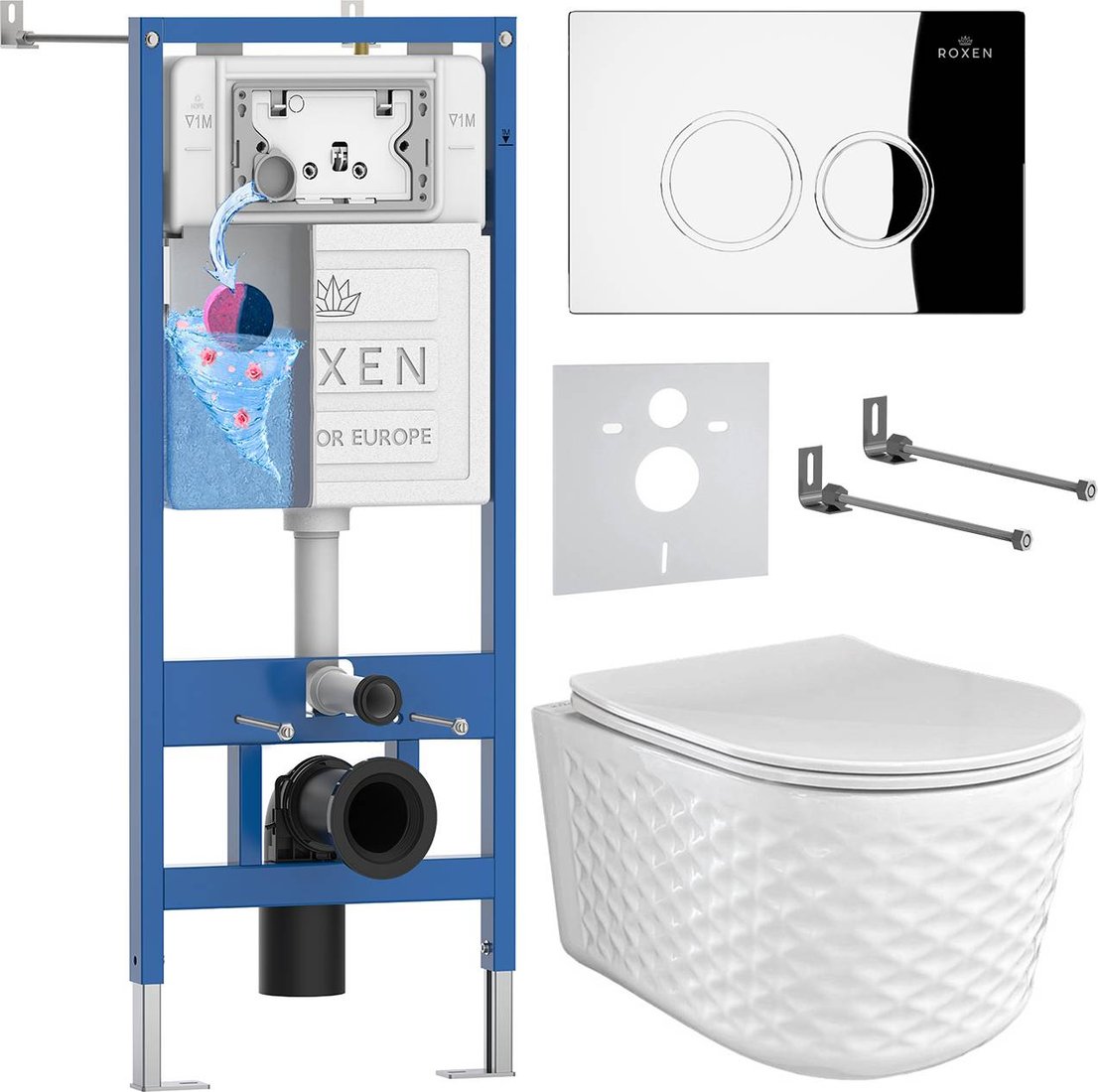 

Унитаз подвесной Roxen Vine Tornado в комплекте с инсталляцией StounFix Dual Fresh 6 в 1 979009 (кнопка: хром глянцевый)