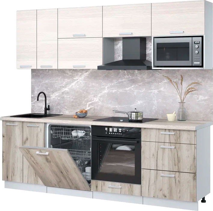 

Готовая кухня Интерлиния Мила Лайт 2.4-ПМ2 (вудлайн кремовый/дуб серый/травертин серый)