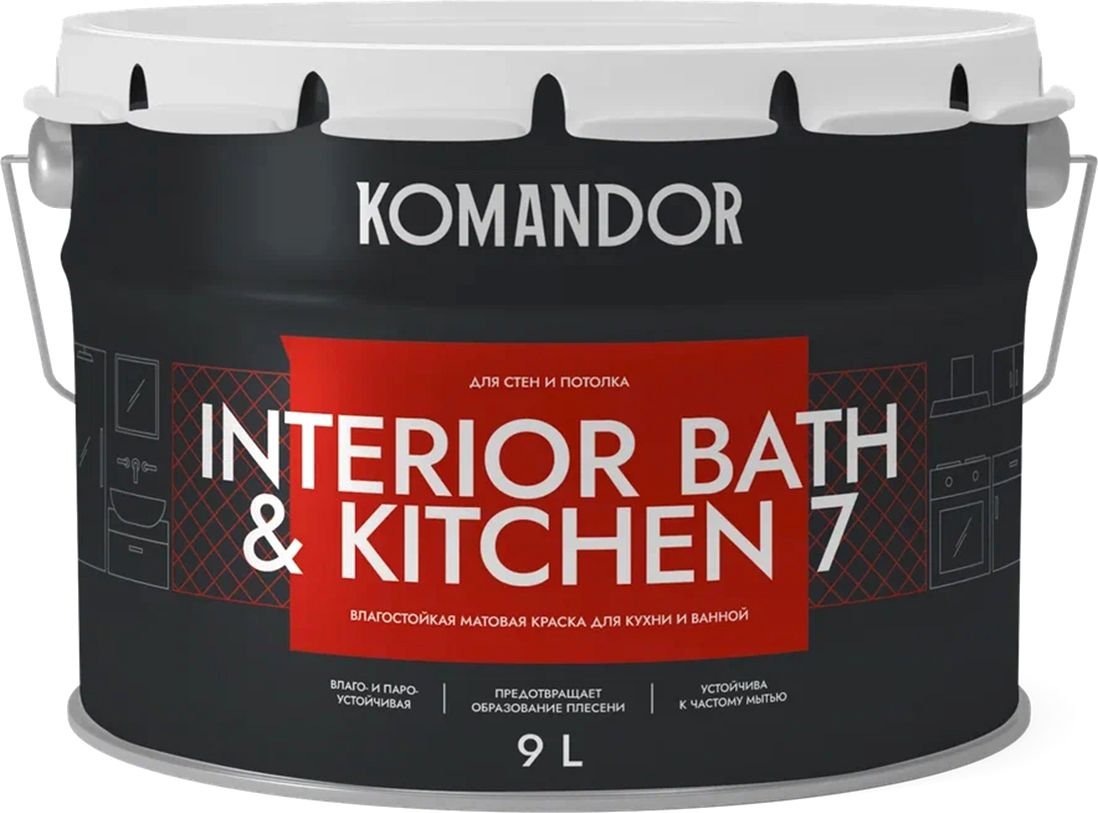 

Краски и эмали Командор Interior Bath&Kitchen 7 База 1 (9л, матовый)