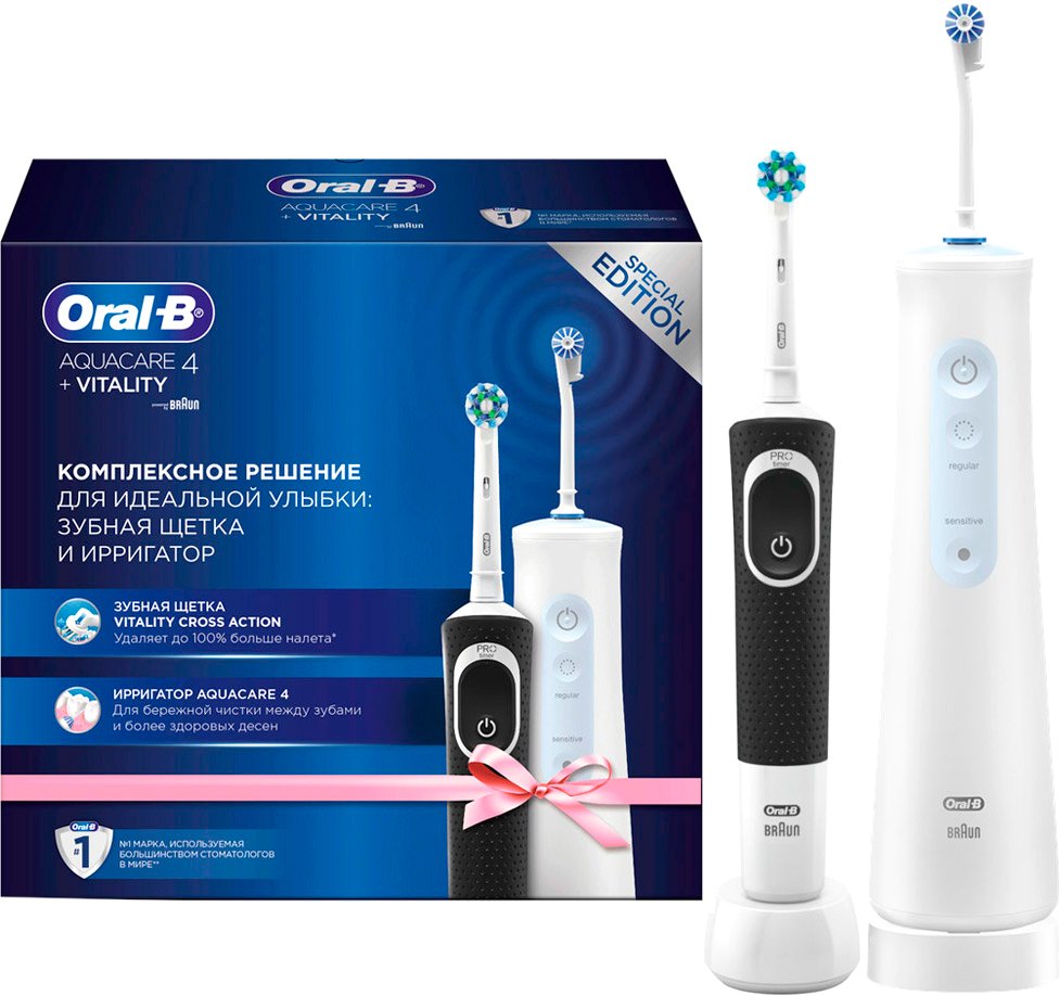 

Электрическая зубная щетка и ирригатор Oral-B Aquacare 4 MDH20.016.2 + Vitality Pro Cross Action D100.413.1