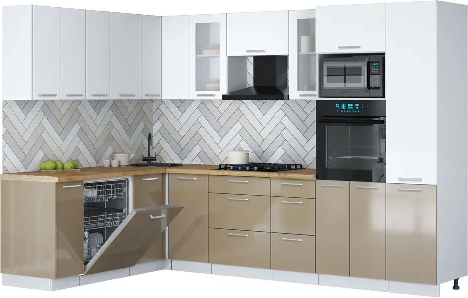 

Готовая кухня Интерлиния Мила Gloss 1.896х2.98 (капучино глянец/белый/дуб бунратти)