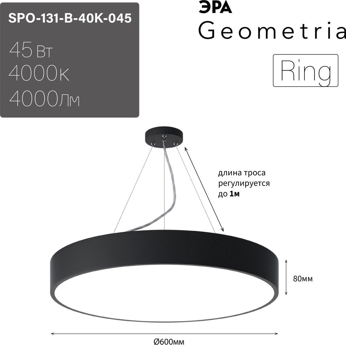 

Подвесная люстра ЭРА Geometria Ring SPO-131-B-40K-045 45Вт 4000К 4000Лм IP40 600*600*80 Б0050559 (черный подвесной)
