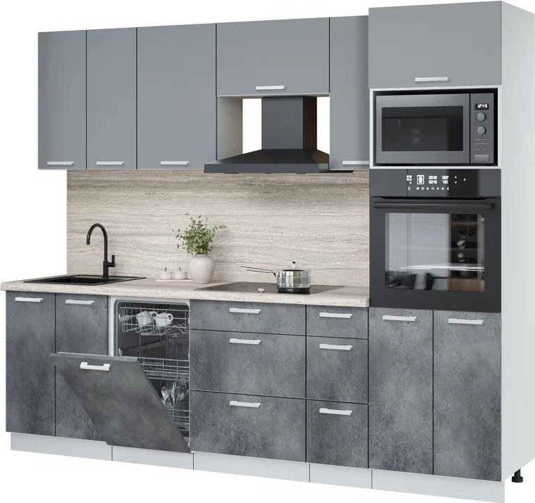 

Готовая кухня Интерлиния Мила Лайт 2.55-ПМ3 (серебро/бетон портленд/травертин серый)