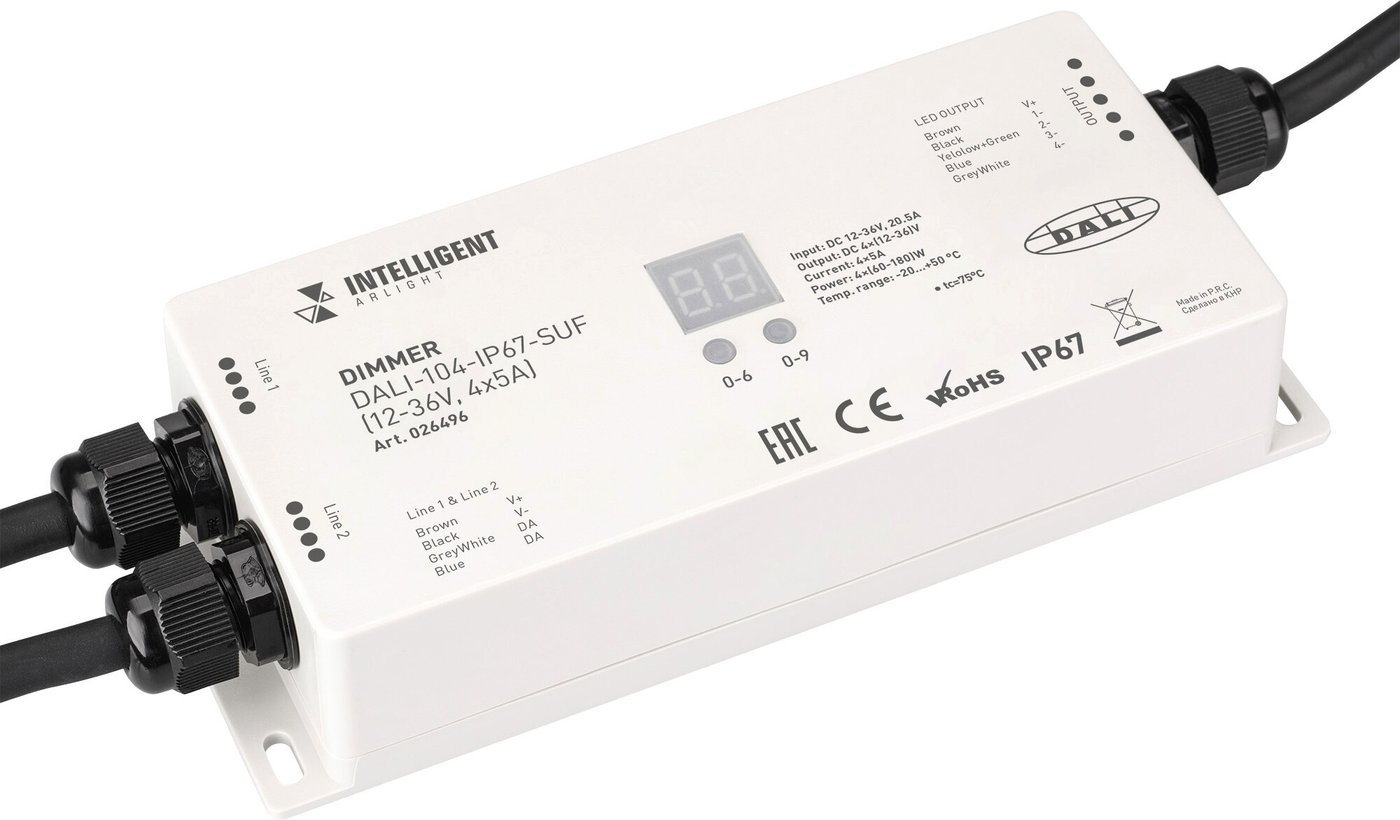 

Контроллер RGB Arlight Intelligent DALI-104-IP67-SUF (12-36V, 4x5A) 026496