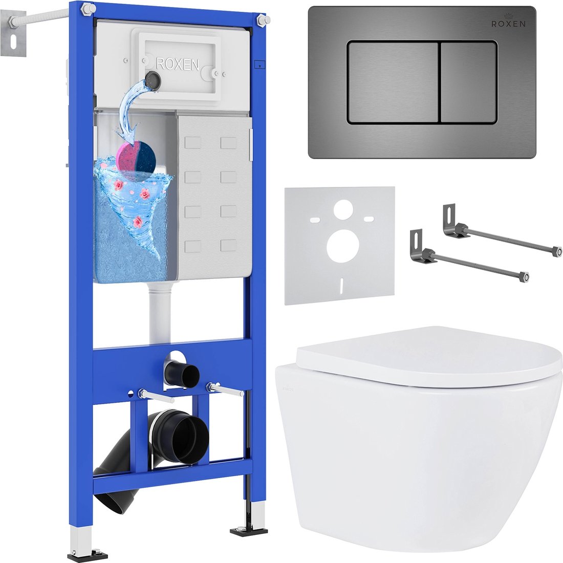 

Унитаз подвесной Roxen Antares One Rimless 6 в 1 StounFix Dual Fresh 614314 (оружейная сталь/металл)