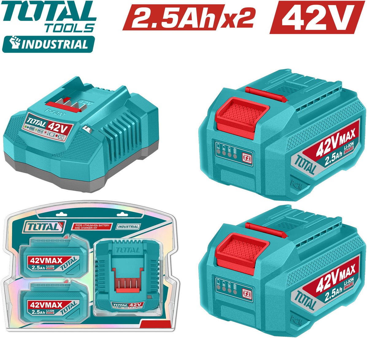 

Аккумулятор с зарядным устройством Total TFBCPM25221 (42В/2x2.5 Ah + 42В)