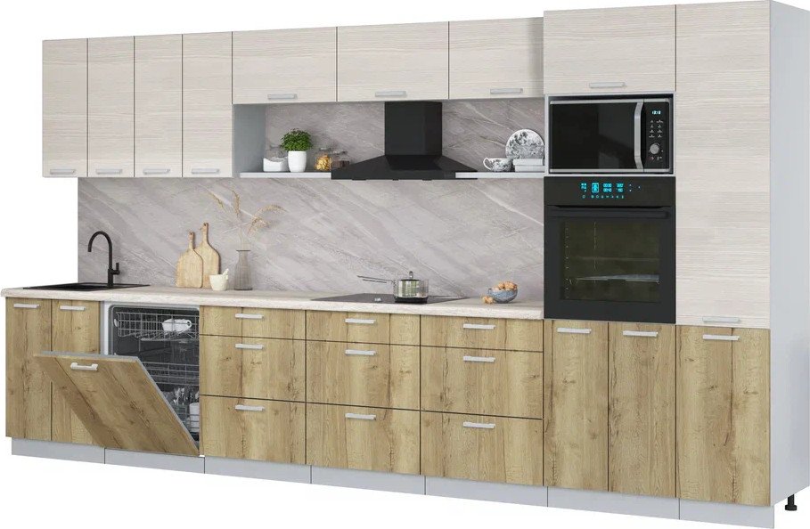 

Готовая кухня Интерлиния Мила Лайт 4.0-ПМ1 (вудлайн кремовый/дуб золотой/травертин серый)