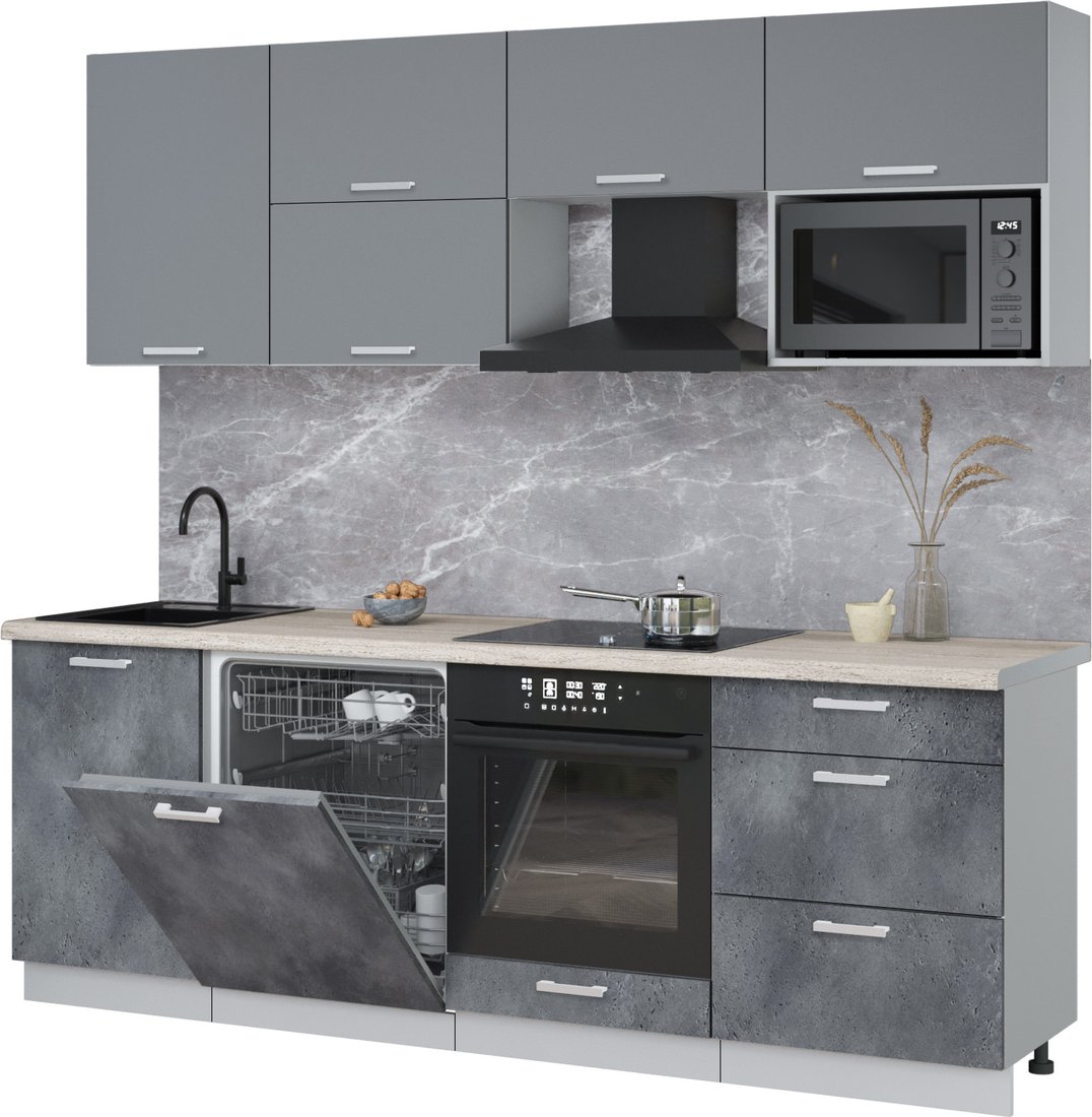 

Готовая кухня Интерлиния Мила Лайт 2.3-ПМ2 (серебро/бетон портленд/травертин серый)