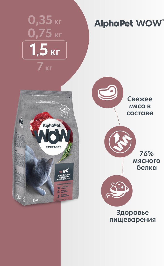 

Сухой корм для кошек AlphaPet WOW Superpremium Cat Indoor Говядина с печенью 1.5 кг